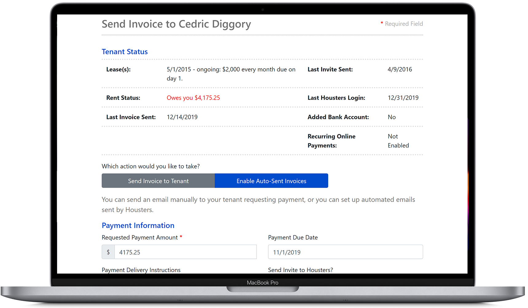Send an invoice to a tenant, using our landlord software